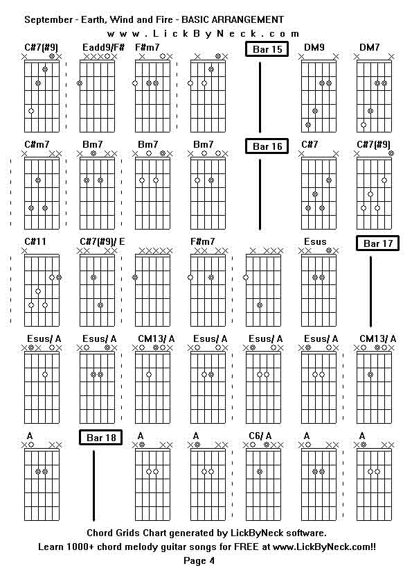 Chord Grids Chart of chord melody fingerstyle guitar song-September - Earth, Wind and Fire - BASIC ARRANGEMENT,generated by LickByNeck software.